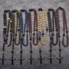 Wholesale Wooden Beads Black Gallstone Cross Religious Women's Necklace Wishing Pendant Long Rosary Necklace