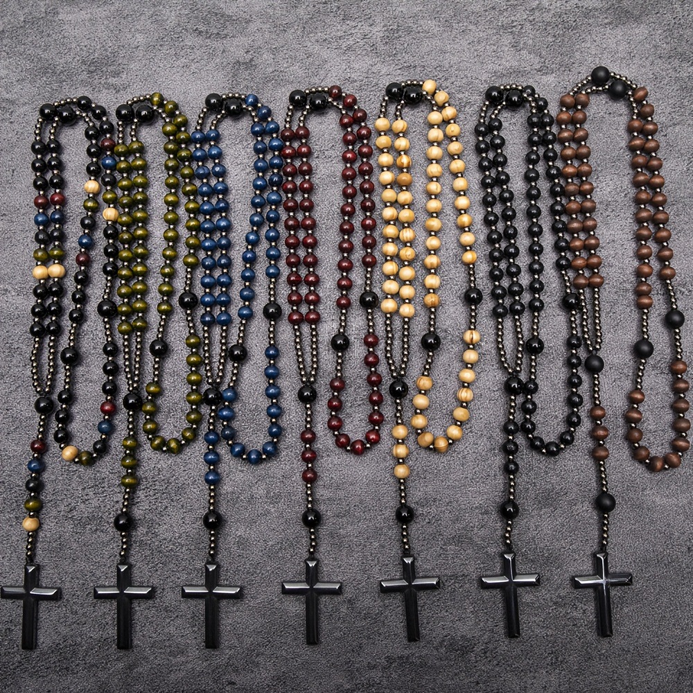 Wholesale Wooden Beads Black Gallstone Cross Religious Women's Necklace Wishing Pendant Long Rosary Necklace