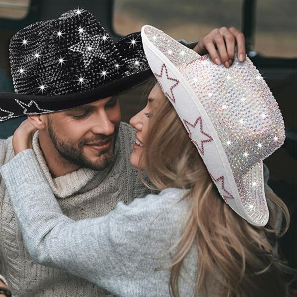 Wholesale Full Diamond Silver Colorful Diamond Five-Pointed Star Cowboy Hat Handmade Diamond Colorfulful Diamond Performance Hat Diamond Cowboy Hat