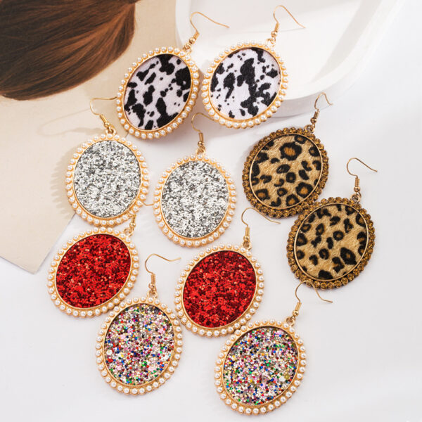 Wholesale Cross-border European and American Leopard Sequin Leather Earrings Vintage Alloy Diamond Pearl Oval High-end Earrings Earrings for Women
