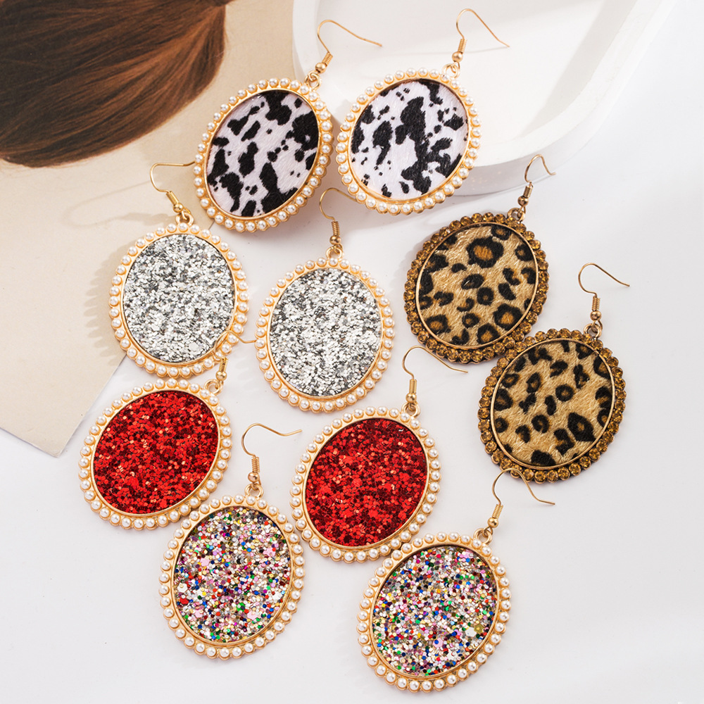Wholesale Cross-border European and American Leopard Sequin Leather Earrings Vintage Alloy Diamond Pearl Oval High-end Earrings Earrings for Women