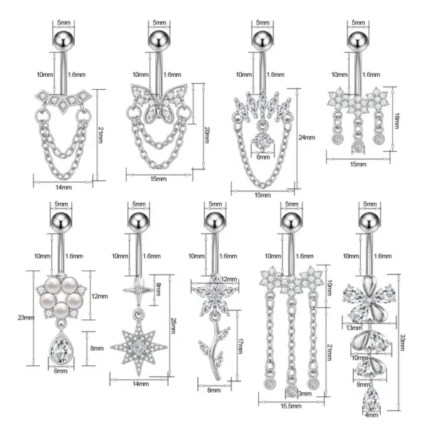 1 Piece 316 Stainless Steel Zircon Belly Rings Star Flower Butterfly Unisex