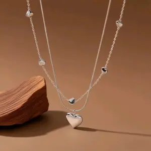 X0342-Double Layer Big and Small Love Heart-Necklace-Steel Color