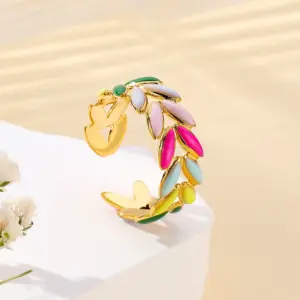 Wholesale PVD Coated 18K Gold Plated Leaves 304 Stainless Steel Elegant Tropical Streetwear Waterproof Non Tarnish Rings