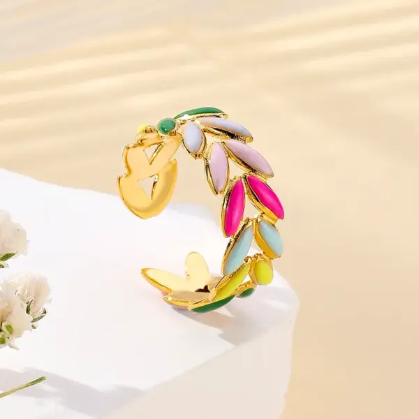 Wholesale PVD Coated 18K Gold Plated Leaves 304 Stainless Steel Elegant Tropical Streetwear Waterproof Non Tarnish Rings
