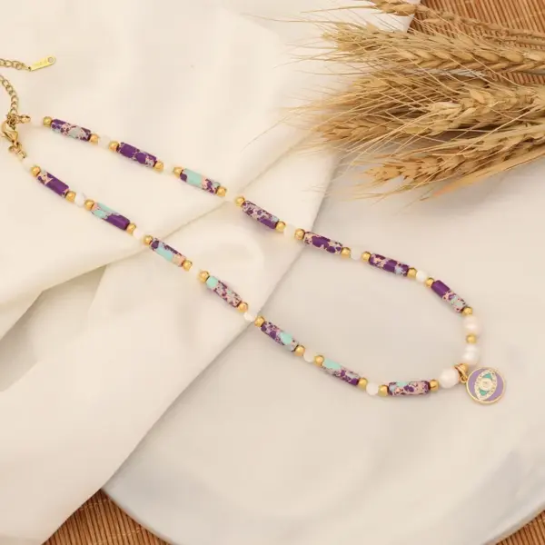 Wholesale Bohemian Heart Shape Eye Stainless Steel Natural Stone Beaded Plating 18K Gold Plated Necklace