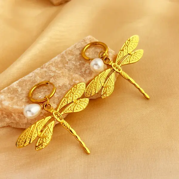 Wholesale PVD Coated Real Gold Plated 18K Gold Dragonfly 201 Stainless Steel Retro Waterproof Non Tarnish Jewelry Set