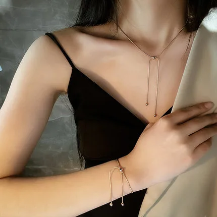 Wholesale 304 Stainless Steel Solid Color PVD Coated 18K Real Gold Plated Elegant Simple Style Waterproof Non Tarnish Plating Bracelets Necklace