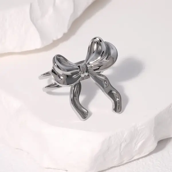 Wholesale PVD Coated Real Gold Plated 18K Gold Bow Knot 304 Stainless Steel Cute Sweet Simple Style Waterproof Non Tarnish Open Rings