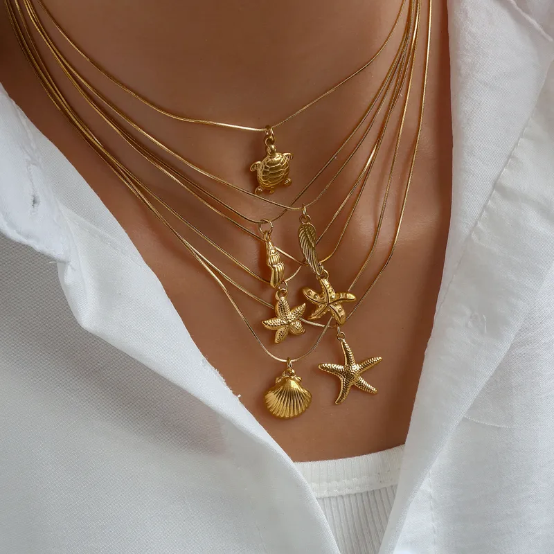 Wholesale Jewelry Exaerated Beach Starfish Conch Shell 304 Stainless Steel Snake Chain Pendant Necklace