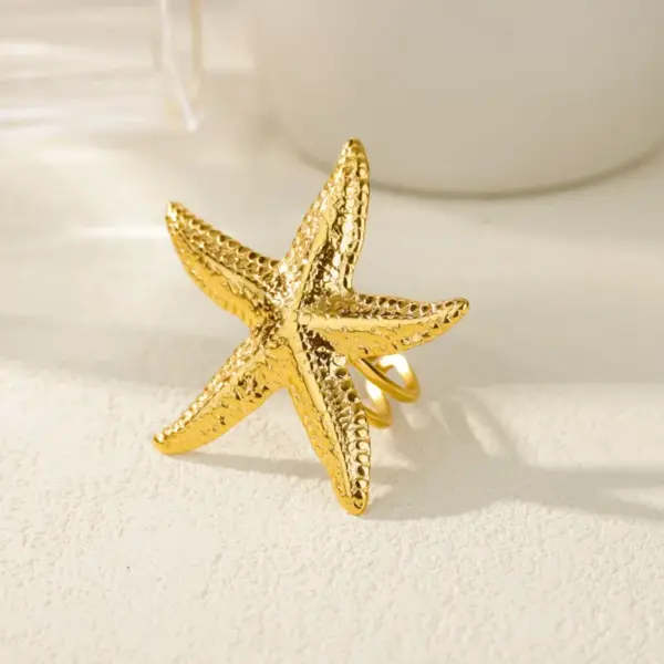 Wholesale Adjustable Titanium Steel Ring Starfish Sun Cat's Eye Stone Hammered Texture Elegant Simple Style For Women Open Ring Finger Ring