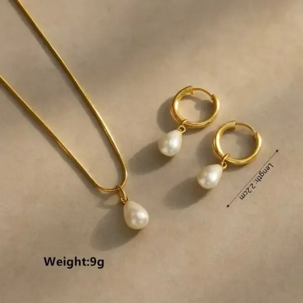 3pc Stainless Steel Waterproof And Non-Fading Stylish Women's Gold/Silver Water Drop Pearl Hoop Earrings Necklace Jewelry Set, Suitable For Women's Daily Wear