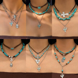 Wholesale Vintage Imitation Turquoise Sweater Chain Beaded Necklace Set