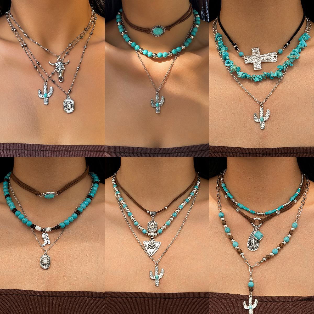 Wholesale Vintage Imitation Turquoise Sweater Chain Beaded Necklace Set