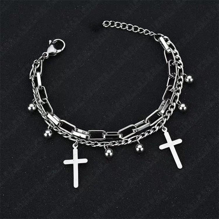 Wholesale European and American style retro bracelet fashionable all-match metal double-layer cross pendant hip hop multi-layer bracelet cole aessorie
