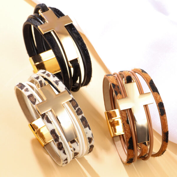 Wholesale Layered leather wide cross bracelet with magnetic clasp
