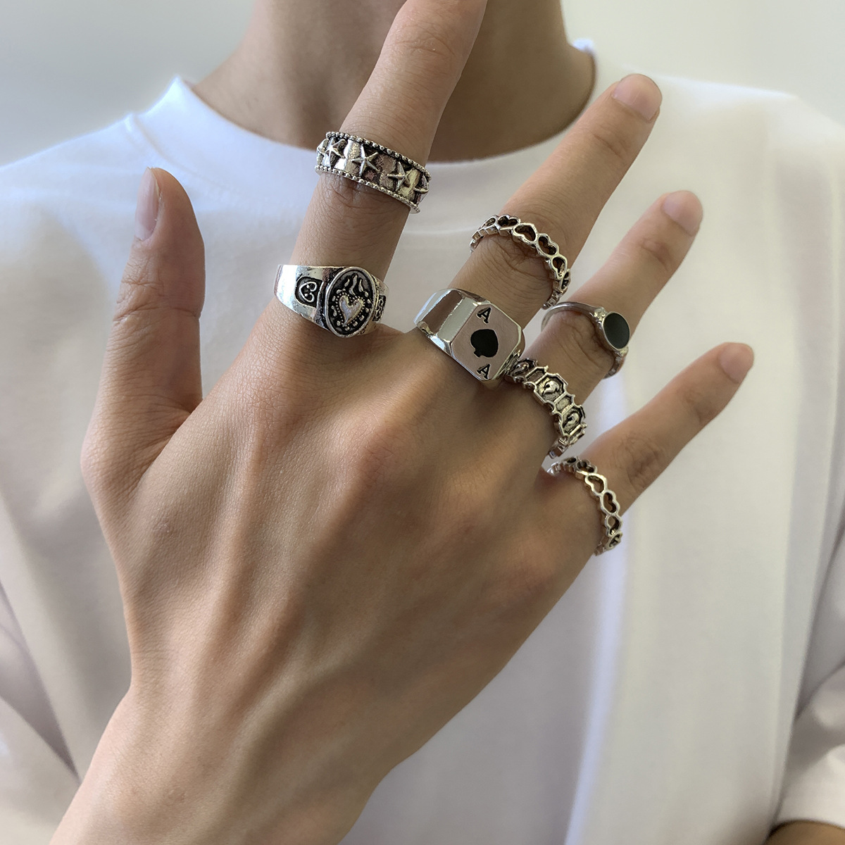 Wholesale European and American 2022 New Men's Trendy Metal Ring Set Street Geometric Hollow op Finger Ring Set