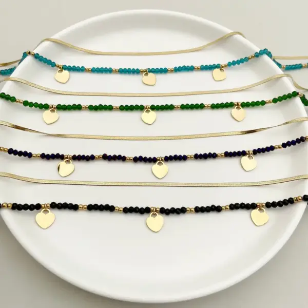 Wholesale Jewelry Bohemian Heart Shape 304 Stainless Steel Crystal Beads Gold Plated Plating Stainless Steel Necklaces