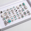 Wholesale Bohemian Inlaid Turquoise Flower Rings, Retro Geometric Lace Rings, Fourteen-Eight Mixed Batches