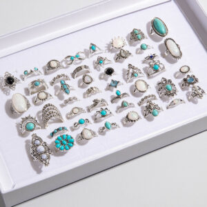 oly-931aa97b26cfda9c009322146378b86c Wholesale Bohemian Inlaid Turquoise Flower Rings, Retro Geometric Lace Rings, Fourteen-Eight Mixed Batches
