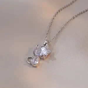 X1710 Steel White Diamond Lucky Cat Necklace {Pendant Together}