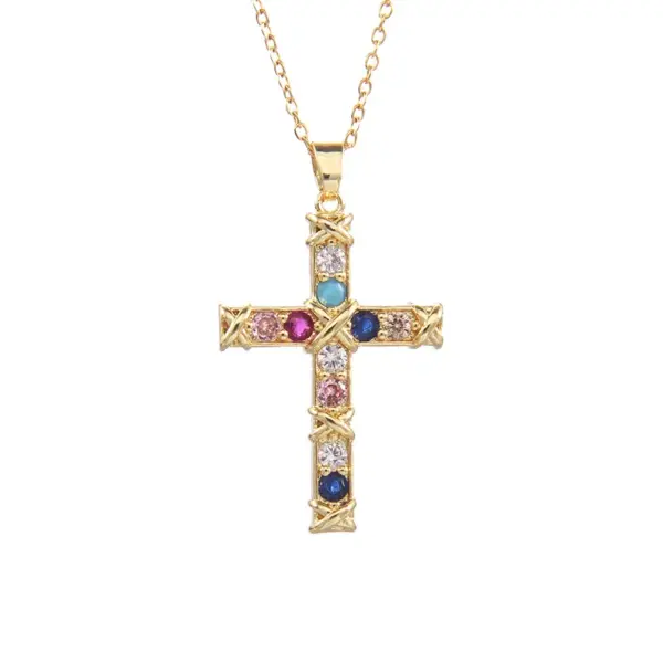 Wholesale Elegant Lady Cross Copper Plating Inlay Zircon Pendant Necklace