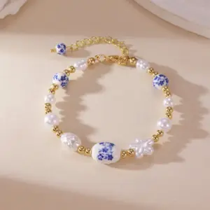 Oval Blue and White Porcelain Beaded Bracelet