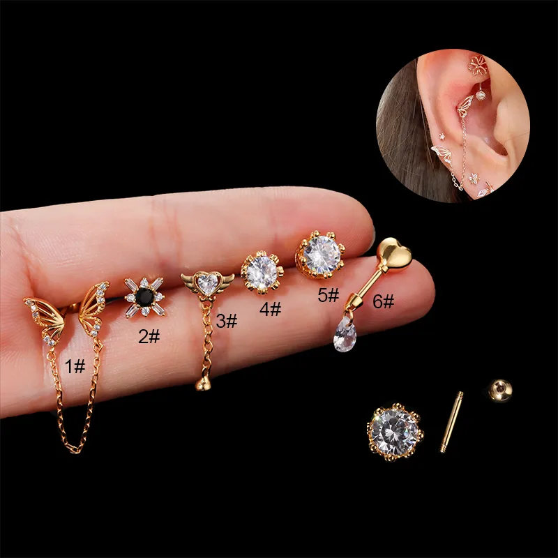 Wholesale 1 Piece Ear Cartilage Rings & Studs Fashion Heart Shape Butterfly 316L Stainless Steel Copper Waterproof Non Tarnish Surgical Steel Zirc