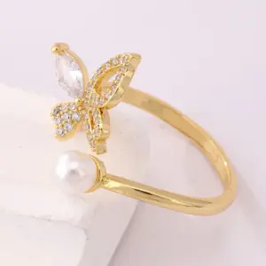 18K Real Gold Color-Retaining Pearl Butterfly Ring