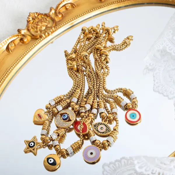 Wholesale 304 Stainless Steel Heart Shape Eye PVD Coated Zircon 18K Gold Plated Real Gold Plated Luxurious Tropical Shiny Waterproof Non Tarnish Enamel Plating Bracelets Drawstring Bracelets