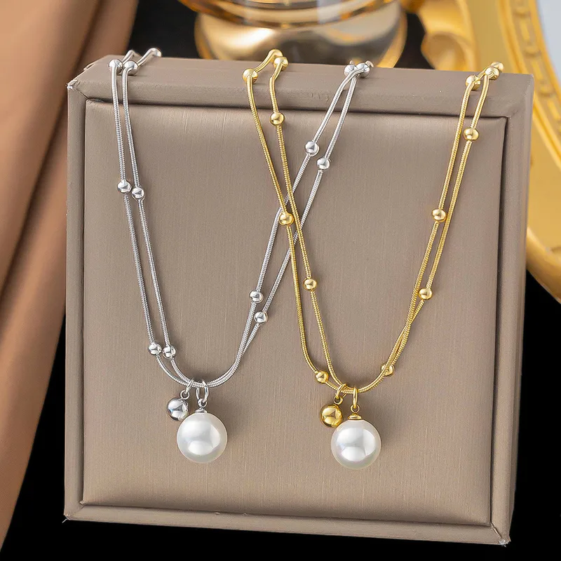 Wholesale PVD Coated Real Gold Plated 18K Gold Geometric 304 Stainless Steel Simple Style Waterproof Non Tarnish 304 Stainless Steel Double Layer Neck