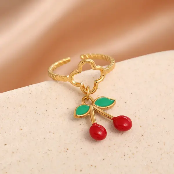 Wholesale Ion Plating (IP) 18K Gold Plated Cherry 304 Stainless Steel Elegant Cute Luxurious Waterproof Non Tarnish Open Rings