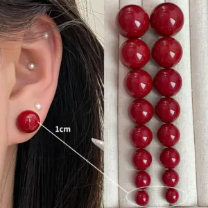 4163-1.0cm Red Bead Stud Earrings