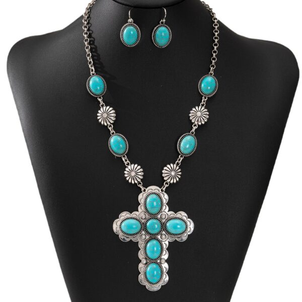 Wholesale Cross-Border European and American Retro Fashion Cross Turquoise Necklace and Earrings Western Style Exaggerated Jewelry Set
