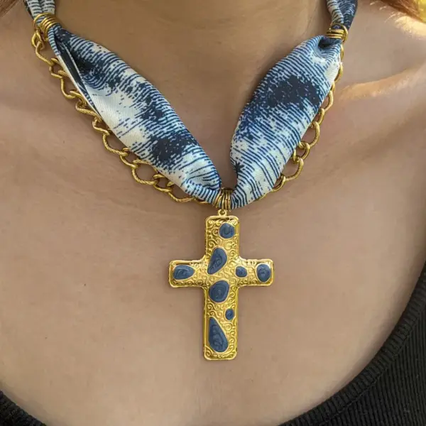 Wholesale Elegant Classic 18K Stainless Steel Oil Drip Cross Pendant Scarf Necklace Women's Luxury Rustproof Brown White Blue Gold Black