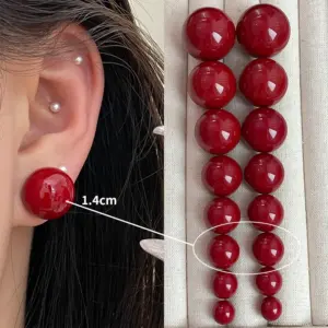 4163-1.4cm Red Bead Stud Earrings