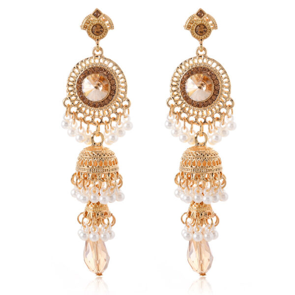 Wholesale Fashionable and Personalized Micro-Encrusted Diamond Earrings Thai Retro Women's Long Imitation Large Gemstone Tassel Bell Earrings