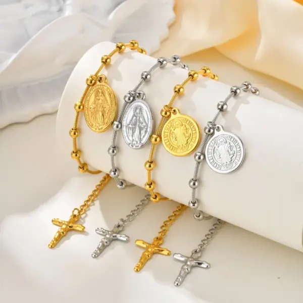 304 Stainless Steel Virgin Mary PVD Coated Real Gold Plated 18K Gold Religion Waterproof Non Tarnish Plating Separated By Bead Necklace Lobster Trier Clasp Closure Bracelets