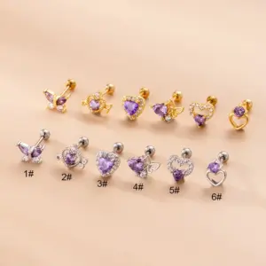Wholesale 1 Piece Copper Zircon Ear Cartilage Rings & Studs Heart Shape Butterfly Waterproof Non Tarnish Surgical Steel