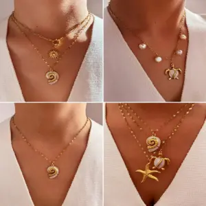 Wholesale 304 Stainless Steel Tortoise Starfish Conch PVD Coated Freshwater Pearl Real Gold Plated Retro Beach Waterproof Non Tarnish Surgical Steel Inlay Lip Chain Gold Pendant Necklace