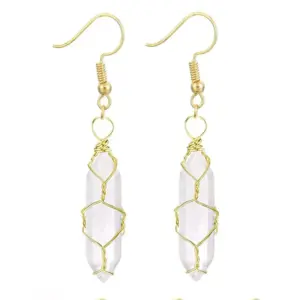 Gold White Crystal Earrings / Wire-Wound Hexagon Prism Earrings