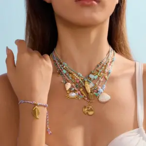 Wholesale Vacation Beach Simple Style Geometric 304 Stainless Steel Natural Stone PVD Coated 18K Real Gold Plated Handmade Chain Woven Chain Bracelets Necklace In Bulk