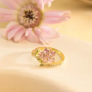 Jz254 Pink Flower Ring / Gold