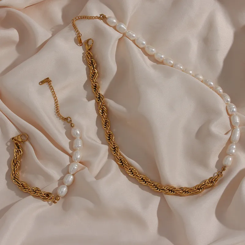Wholesale PVD Coated Real Gold Plated 18K Gold Geometric 304 Stainless Steel Fashion Waterproof Non Tarnish 304 Stainless Steel Freshwater Pearl Neckl