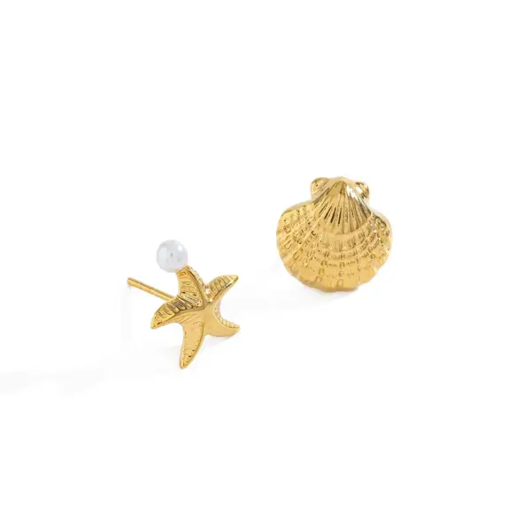 Wholesale Vacuum Plated 18K Gold Pearl Starfish And Shell Asymmetric Earrings Beach Holiday Style Women Stainless Steel Earring Post