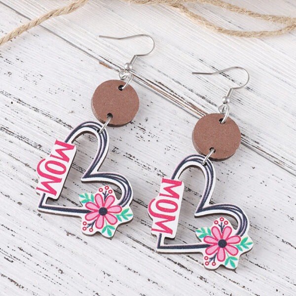 Wholesale New Mother's Day MOM Flower Love Round Pieces Stitching Pendant Earrings Wooden Double-Sided Earrings Mother's Day Gift