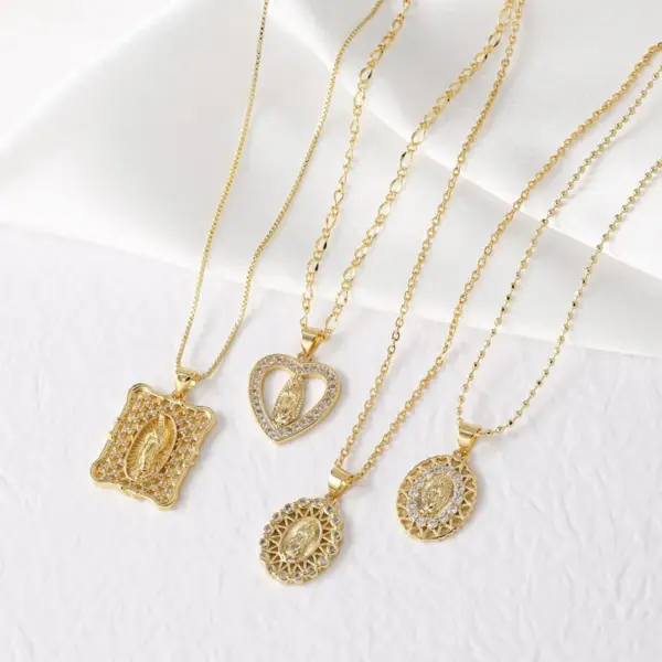 Wholesale 201 Stainless Steel Copper Bamboo Necklace 18K Gold Plated Plating Inlay Portrait Virgin Mary Heart Shape Zircon Pendant Necklace