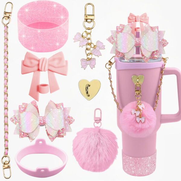 Wholesale Stanley mug accessories portable chain bow straw decorative silicone cup set cup chain flower pendant