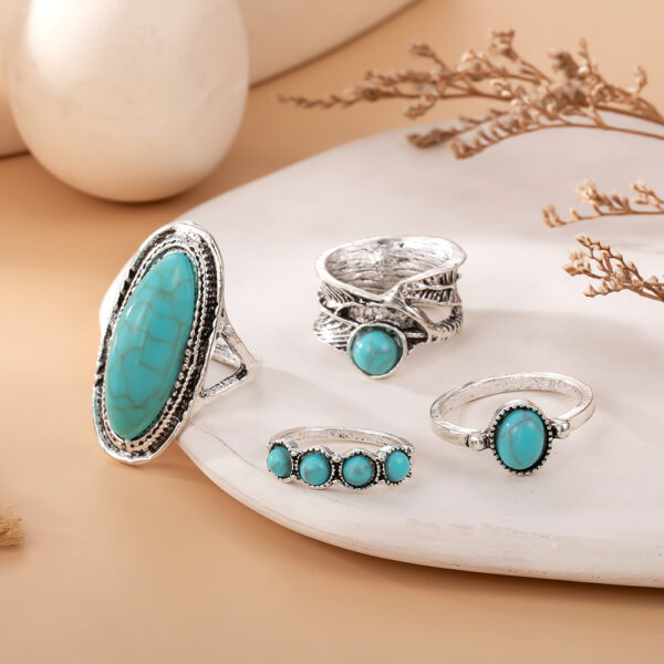 Wholesale Foreign trade new combination ring European and American retro bohemian feather large turquoise 4-piece set ring