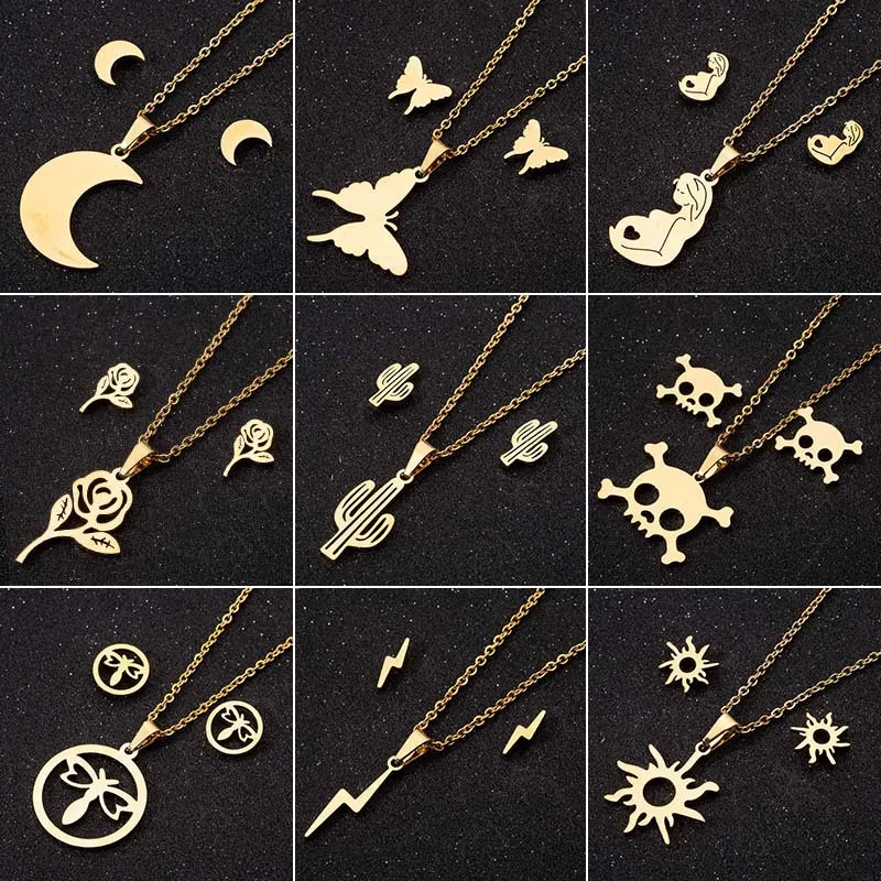 Wholesale PVD Coated 18K Gold Real Gold Plated Heart Shape 201 Stainless Steel Casual Waterproof Non Tarnish Earrings Necklace